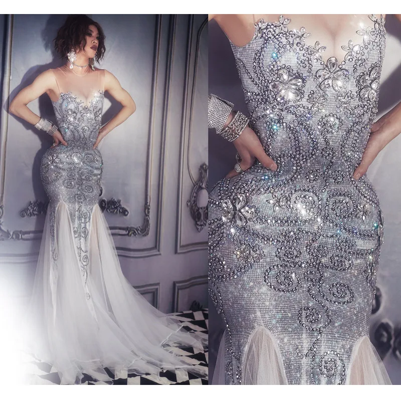 

Christia Bella Luxury Silver Rhinestone Evening Wedding Mermaid Dress Women Singer Sleeveless Bodycon Party Mesh Trailing Dress