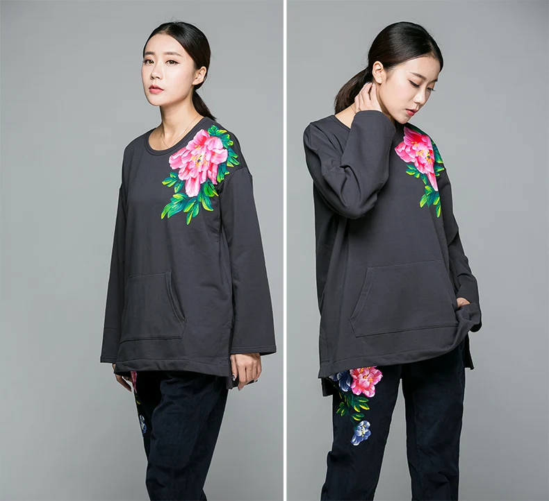 Новинка осень 2017 Женский Повседневный свитшот с ручной росписью свободные