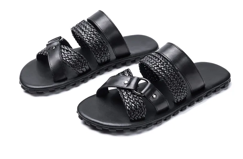

Men Summer Rome Weaving Flat Beach Casual Soft Leather Slippers Men Personality Soft Leather Fashion Soft Bottom Slippers