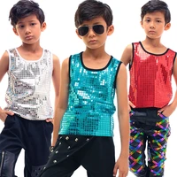 boy jazz performance costume singer children hip hop dancing clothes sequin vest black t shirt boys tops dance wear dnv10056