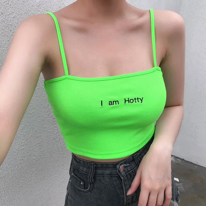 HEYounGIRL неоновый зеленый укороченный топ без косточек, Женские повседневные топы без рукавов с бретельками, топы, футболки с вышивкой и надписью, летний топ на бретельках