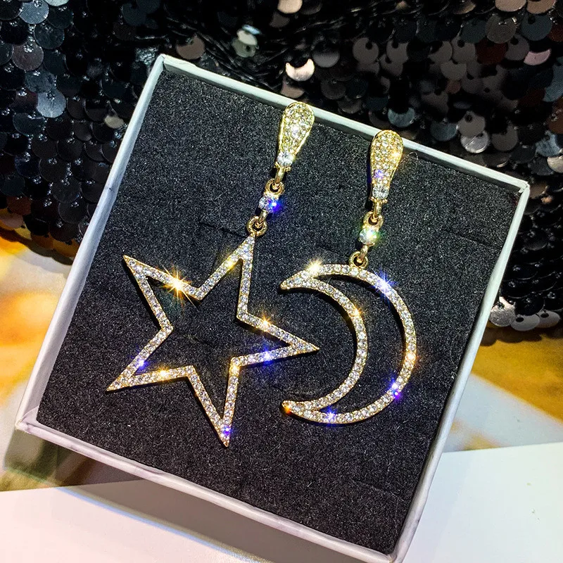 FYUAN блестящие Асимметричные Висячие серьги для женщин Bijoux Звезда Луна Стразы висячие серьги массивные серьги Ювелирные изделия Подарки