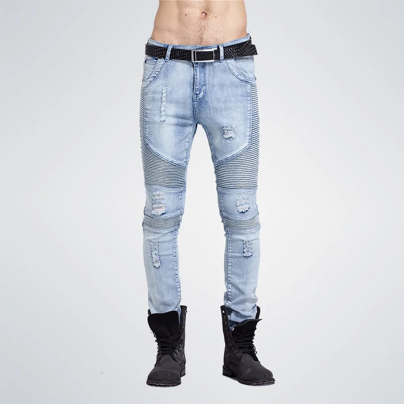 Мужчины хип-хоп Denim огорчен рваные отверстия джинсы тощий тонкий байкерские |