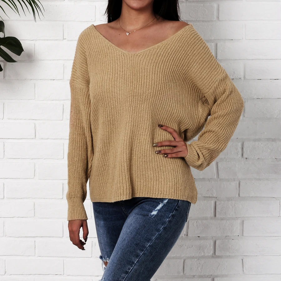 Sexy Criss Cross Backless Knitted Sweater Women 2018 Autumn Winter Fashion Long Sleeve Loose Pullovers Oversized Khaki | Женская одежда