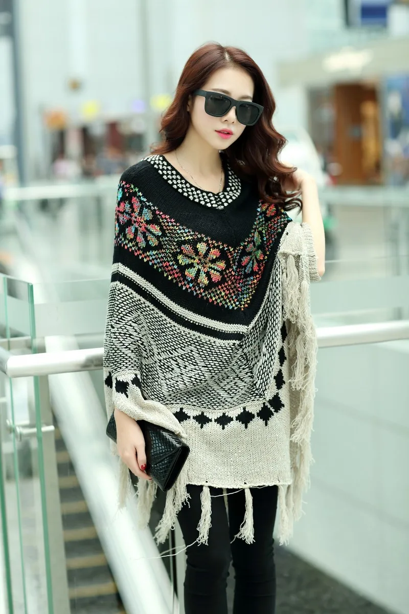 

2018 Lady Knitted Colorful Striped Poncho Plus Size Winter Shawl Fashion Hollow Tassel Sweater Batwing Sleeve Long Pullovers