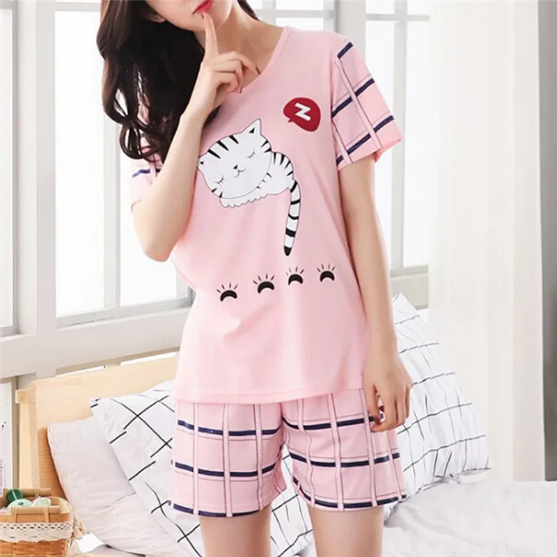 

Summer Young Girl Short Sleeve Cotton Pajamas Cute Nightshirt Casual Home Service Short Sleepwea For Womenr M-2XL