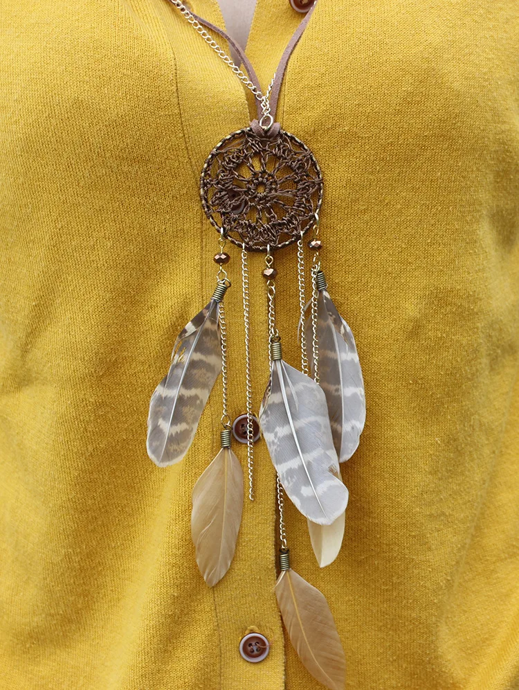 Плетеный Длинные Ловца снов Ожерелья Женщины Перо Подвески Коричневая Кожа