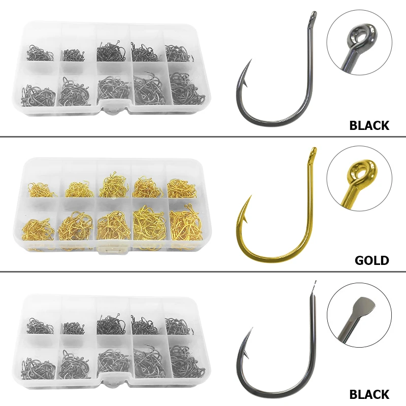 500Pcs Iseama Barbed Fishing Hooks Black Gold Lot Circle High Carbon Steel Sharpened Bait Tackle Strong Fishhook Box | Спорт и