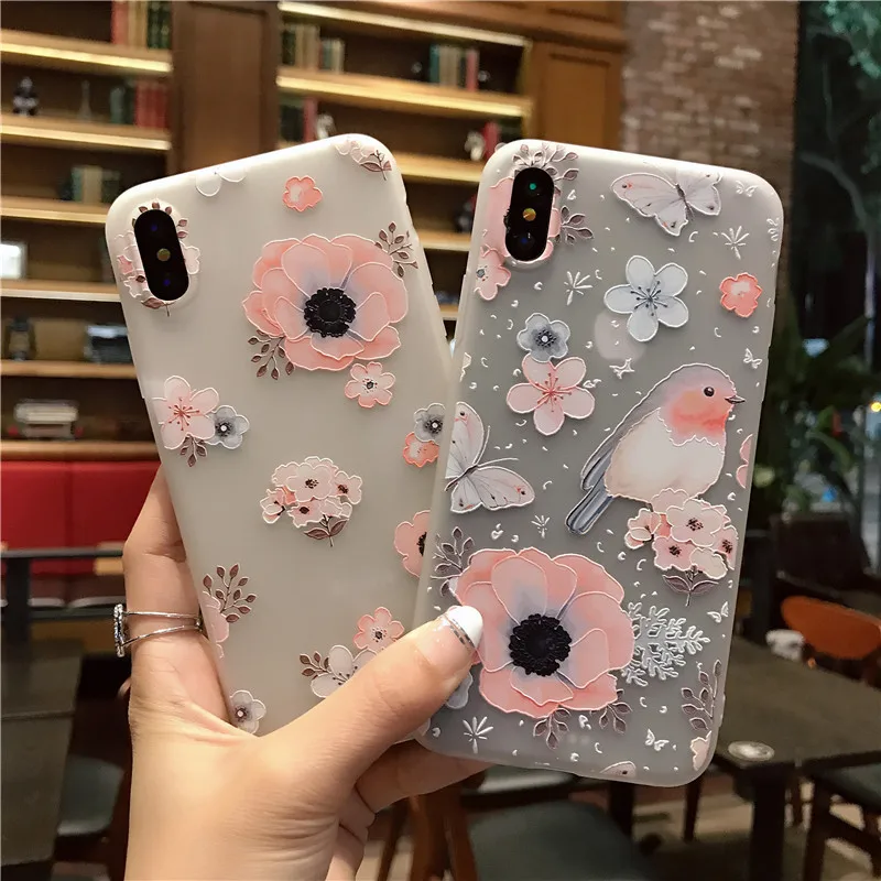 3D рельефный чехол с цветами для iPhone 6 6S 7 8 Plus Мягкий силиконовый из ТПУ 5 5S SE X задний