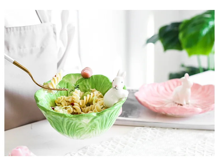 Cute Rabbit Cabbage Ceramic Plate Floral Round Salad Bowl Porcelain Dinner Plate Steak Fruit Tray Decorative Snack Dishes Plate