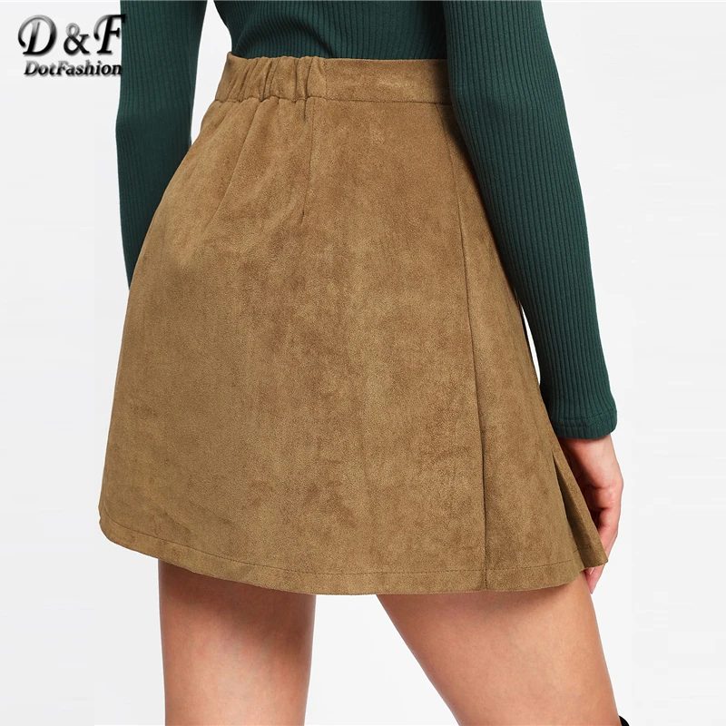 Dotfashion Camel, однобортная замшевая юбка для женщин, повседневная, осенняя, простая, выше колена, короткая, весенняя, опрятная, средняя талия, цельнокроеная юбка