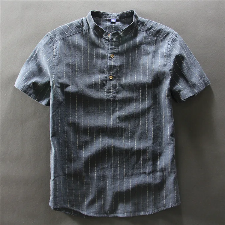 Рубашка мужская в полоску с коротким рукавом и воротником стойкой из хлопка