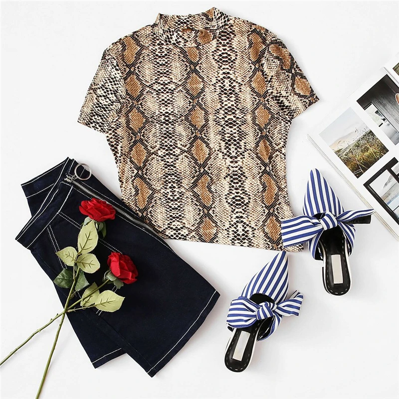 SHEIN Повседневная Футболка С Змеиным Принтом С Воротником-Стойкой Женская Футболка С Коротким Рукавом Сексуальная Летняя Футболка