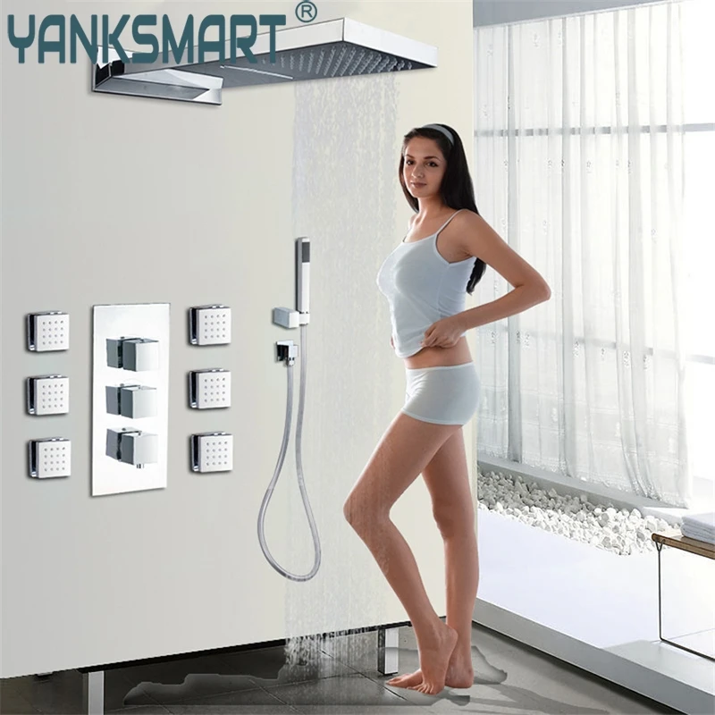 

YANKSMART Bathroom Shower Head With 6 Spout And 2 Kinds Of Outlet Waterfall Rainfall Shower Head Bathroom Square Shower Head