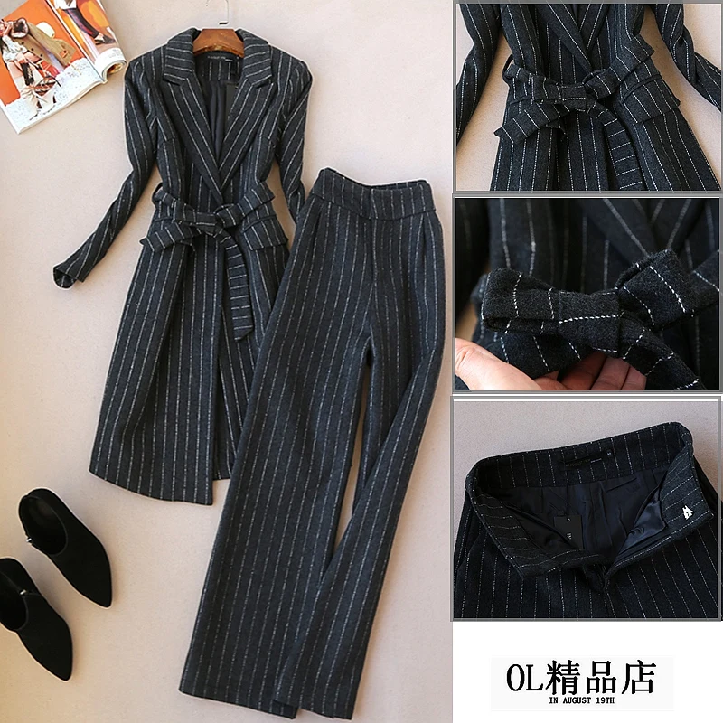 Ladies 2020 autumn and winter new fashion suit woolen striped coat long coat wide leg pants  two piece set top and pants