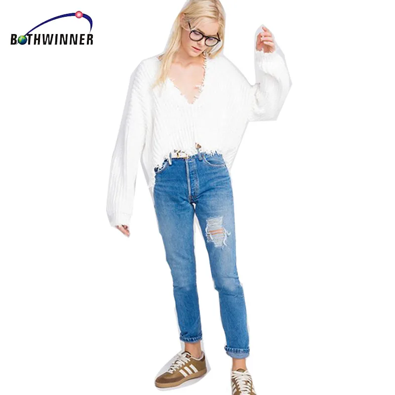 Пуловер женский Bothwinner с рукавами летучая мышь рваный свободный крой вязаный |