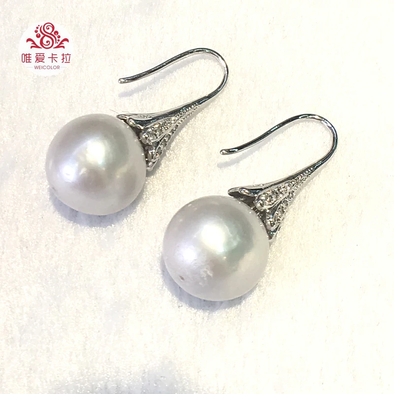 

WEICOLOR Classic Big Drop Earrings:12-13mm Round White Natural Cultured Freshwater Pearls With Silver Rhinestone Hooks