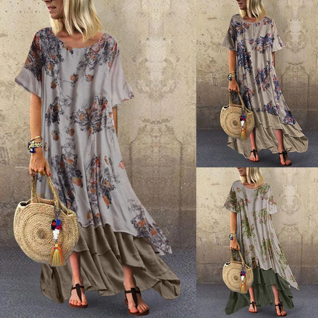 MISSOMO Женщины Boho платье Vintage печати Лоскутное с коротким рукавом O образным вырезом
