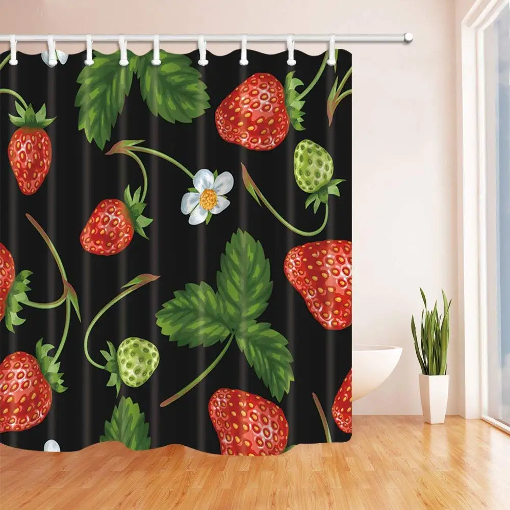

Strawberry with Flowers and Leaves in Back Shower Curtain Polyester Fabric Bathroom Fantastic Decorations Bath Curtains