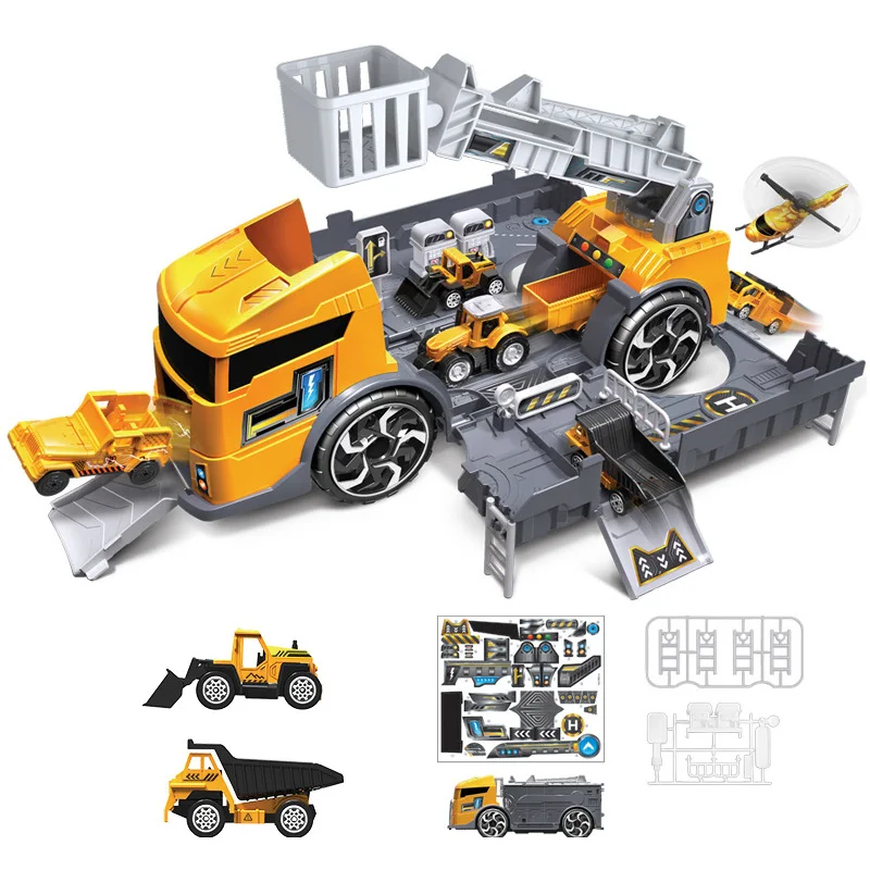 Kids Puzzle Toys Deformation Fire Engineering Vehicle Storage Parking Lot Parent-Child Interaction Inertia Car Model Set - Цвет: Yellow