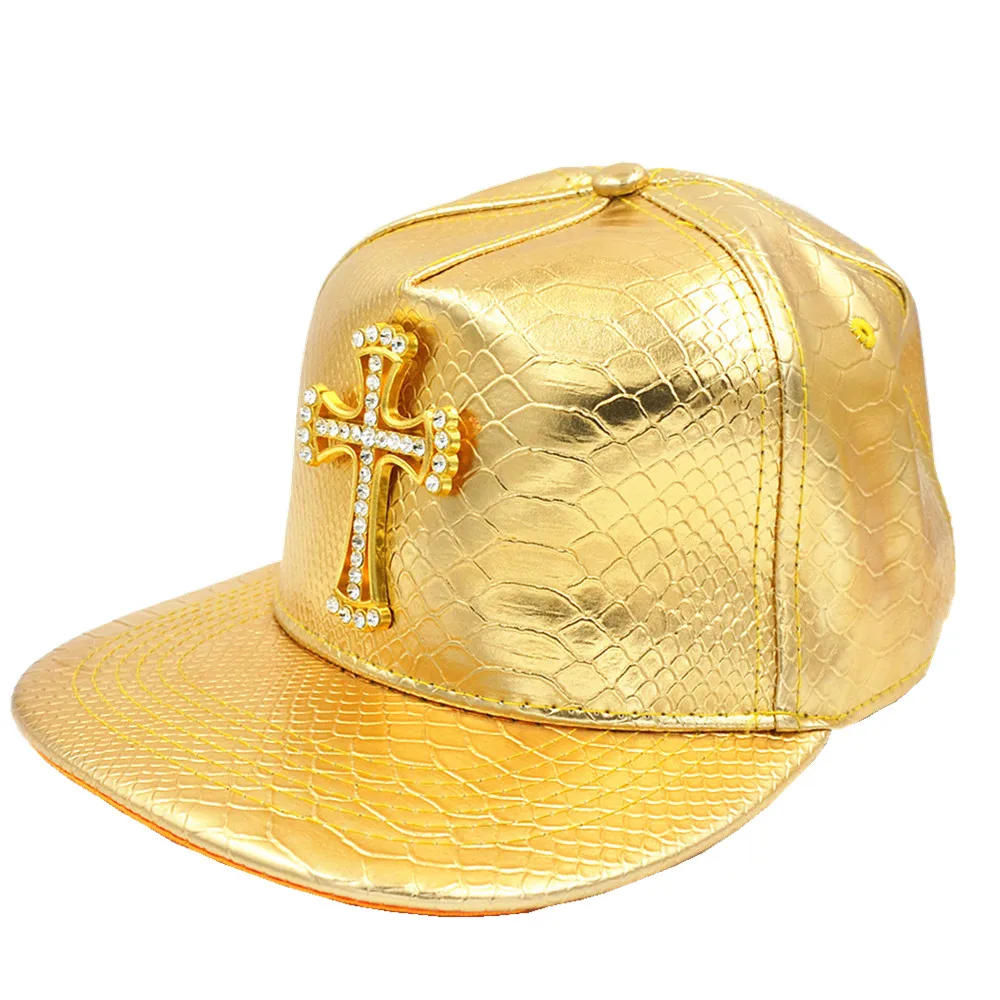 

PU Leather Crystal Cross Pendant Caps Skateboard Cap Snap Hip-hop Hat hiphop fashion caps snapback Hat
