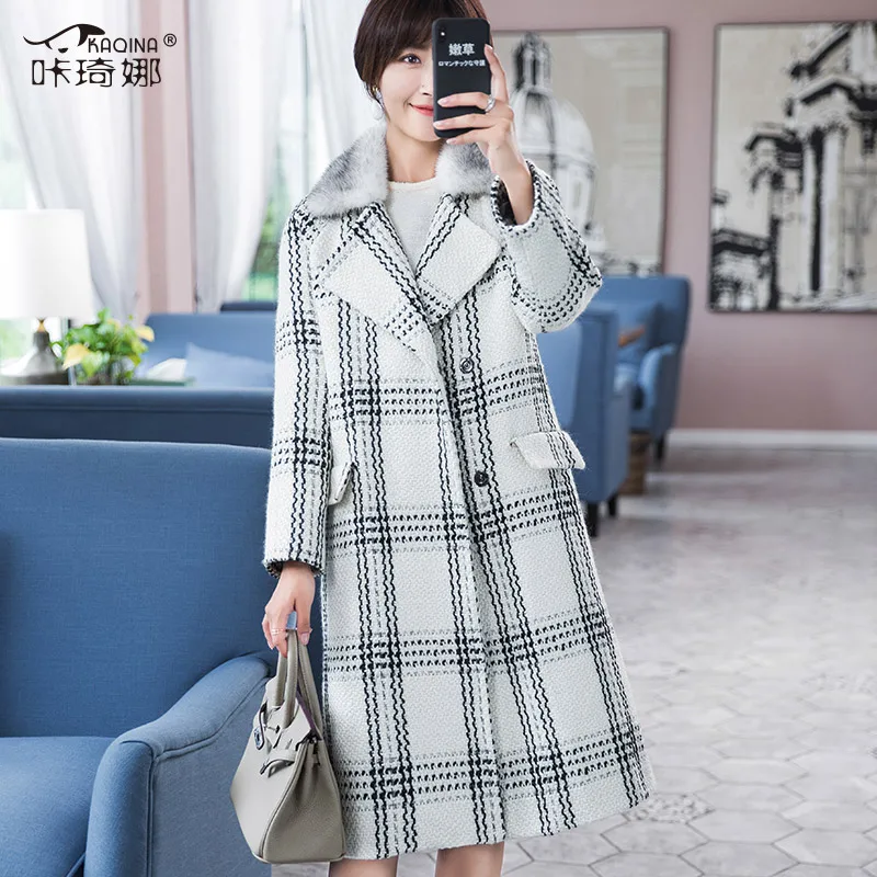Black white plaid Шерстяное женское твидовое длинное клетчатое пальто, Осеннее Женское пальто с воротником из натурального меха норки, Женская куртка, Шерстяная Смесь s Abrigo Mujer 28015 - Цвет: Black white plaid