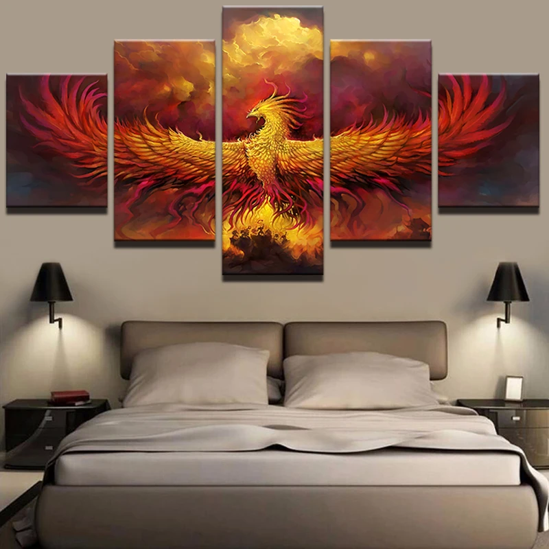 Фото Абстрактная Картина на холсте модульное настенное искусство 5 шт. огненная птица