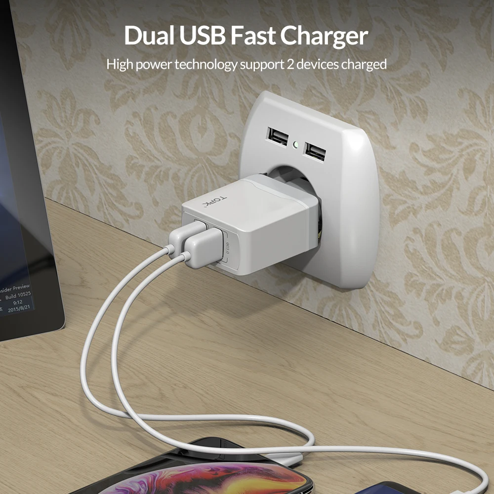 USB-переходник TOPK для зарядки устройств от сети 2 разъема европейская вилка |