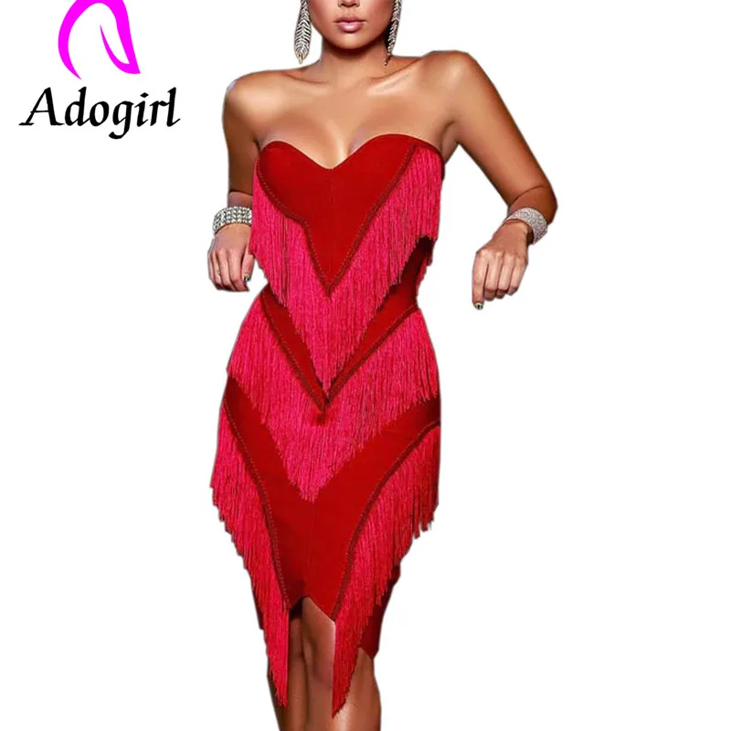 Adogirl без бретелек 3 слоя платье с кисточками сексуальное лоскутное на молнии