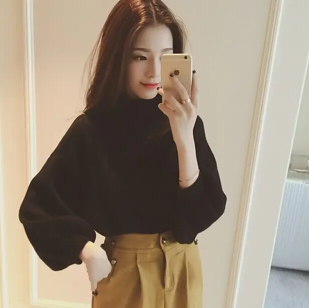 Turtleneck Winter Knitted Sweater Women Lantern Sleeve Loose Gray White Red Black Pullover Female Soft Warm Autumn Casual Jumper | Женская
