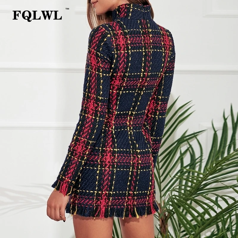 Женское твидовое облегающее платье в клетку FQLWL осенне зимнее теплое мини с