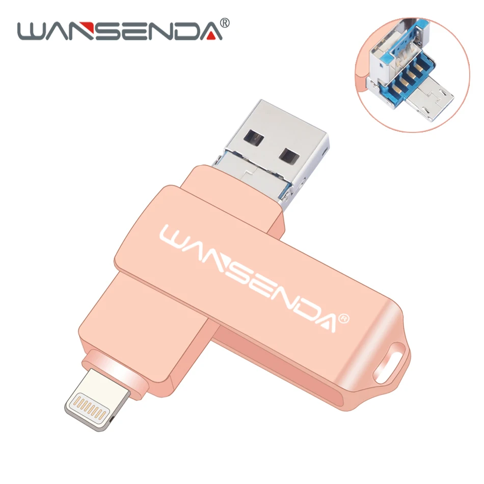 WANSENDA OTG USB флеш-накопитель, Вращающаяся ручка, 8 ГБ, 16 ГБ, 32 ГБ, 64 ГБ, 128 ГБ, 3 в 1, микро USB флешка, флешка для iPhone/Android/PC