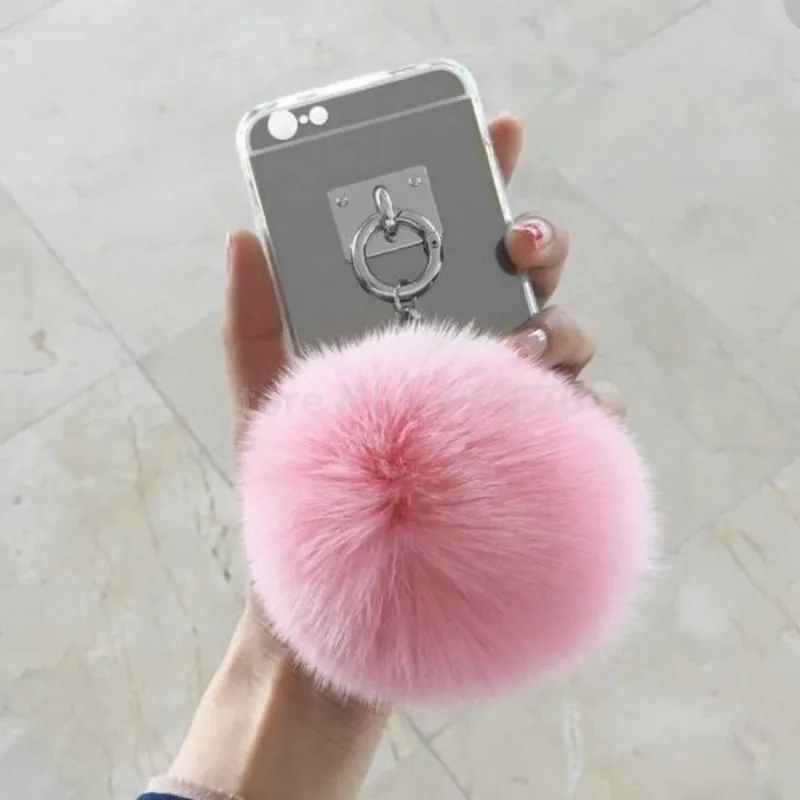 Silver Pink Ball Для iPhone 11 Pro XS MAX XR 6 6S 4 5 5S 5G SE 7 8 S X plus 6plus 7P чехол с зеркальной кисточкой Мягкий Пушистый Теплый искусственный мех кролика помпон - Цвет: Silver Pink Ball