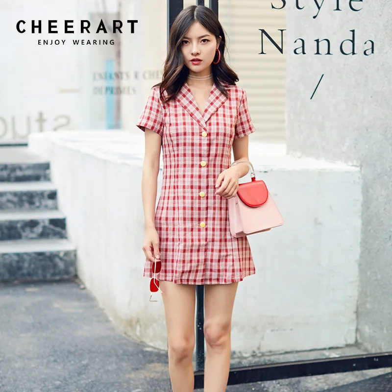 Cheerart Vintage Red Plaid Summer Dress Women Cotton Linen Button Up Lapel Bodycon Mini Robe Femme 2018 | Женская одежда