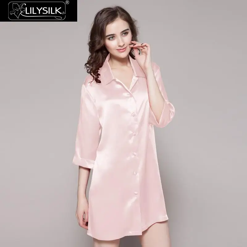 LilySilk Ночная сорочка женская пижама из чистого шелка 22 momme 3/4 рукав кнопка Мини