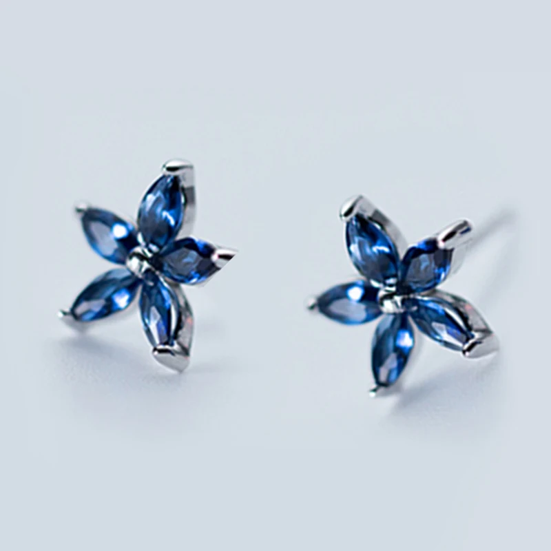 Flower 925 пробы серебряные женские ювелирные изделия, модные крошечные синие Асимметричные Цветочные квадратные серьги-гвоздики для дочерей девушек - Окраска металла: Flower