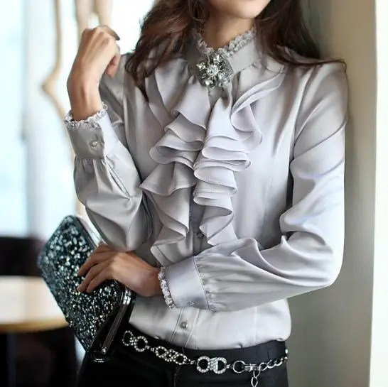 Женская атласная блузка с длинным рукавом кружевная воротником стойкой и