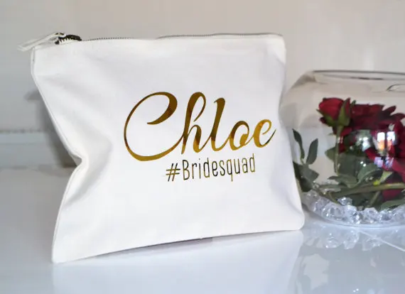 

personalized gold wedding bride squad Bridesmaid Makeup Gift Make Up comestic Bags kits zipper pouches Clutches Birthday gifts