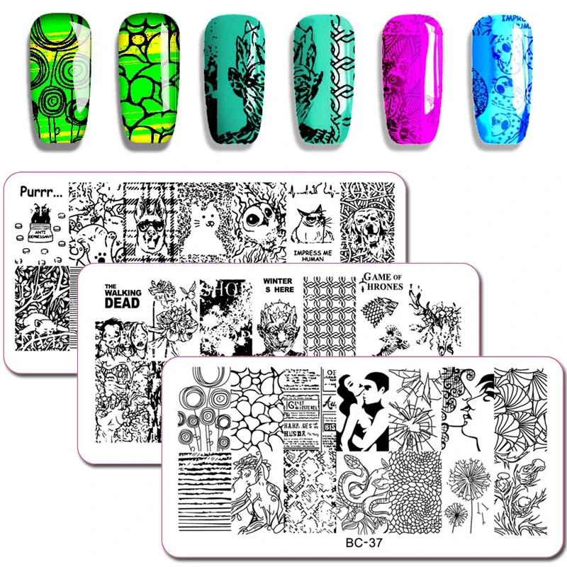 WAKEFULNESS Cute Animal Pattern Nail Stamping Plates Halloween Image Art Template Rectangle Stamp Manicure Stencils | Красота и