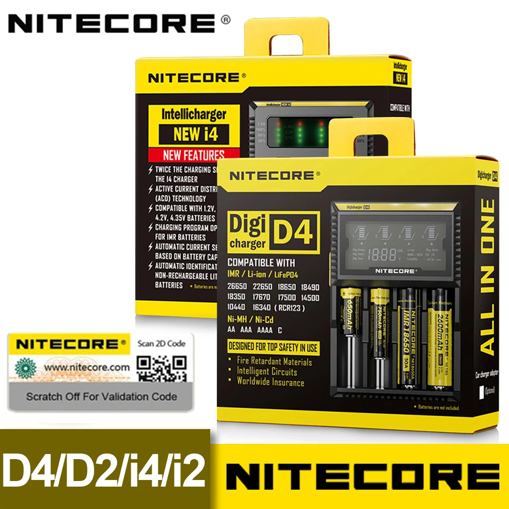 Зарядное устройство Nitecore D4, D2, I4, I2, Digicharger, с ЖК-дисплеем, с интеллектуальным контуром, полная гарантия, для батарей Li-Ion, 18650, 14500, 16340, 26650