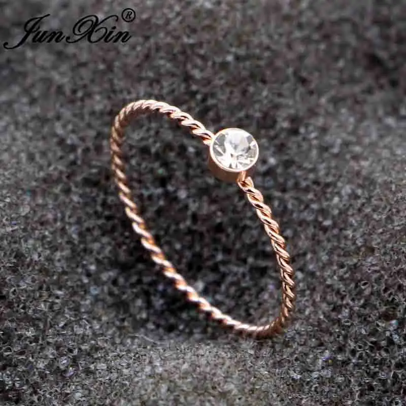 Rose Gold Ring JUNXIN женский укладки свадебные тонкие кольца для женщин Титан Нержавеющая сталь белый кристалл кольцо розовое золото цвет корейск - Цвет основного камня: Rose Gold Ring