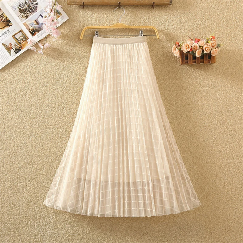 2019 spring Summer Tulle Skirt Women pleated tutu skirt beading A-line mesh midi female Two layers long elegant | Женская одежда