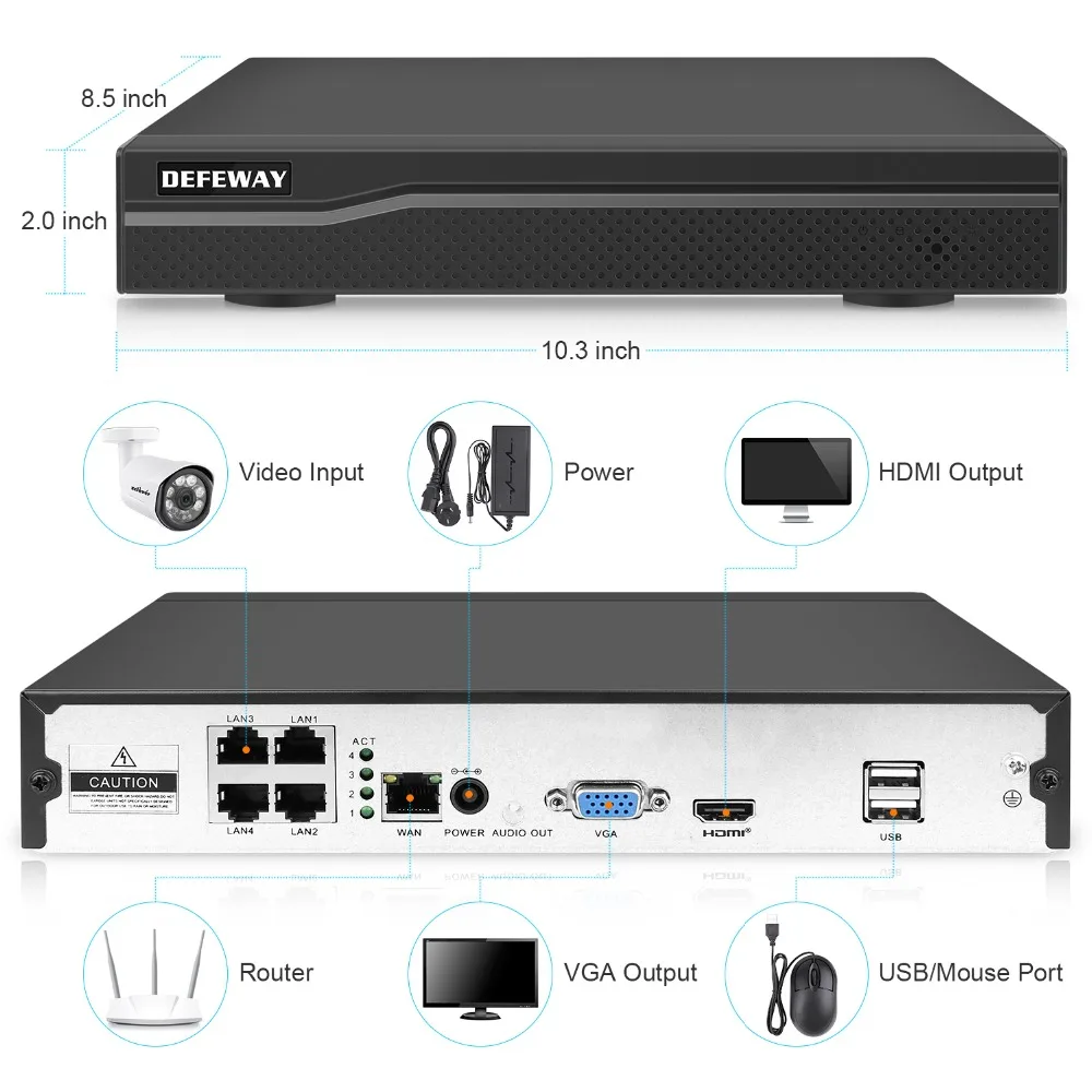 Камера видеонаблюдения DEFEWAY 4 шт. канала HD NVR 1080P H.265 + IP 2 МП POE|Система наблюдения| |