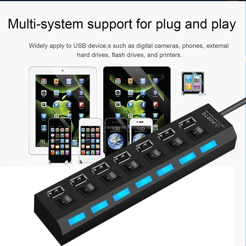 7 порт Micro USB 2,0 концентратор высокой Скорость 480 Мбит/с USB разветвитель с включения/выключения usb Hub 2,0 для ПК Компьютерные аксессуары USB hub
