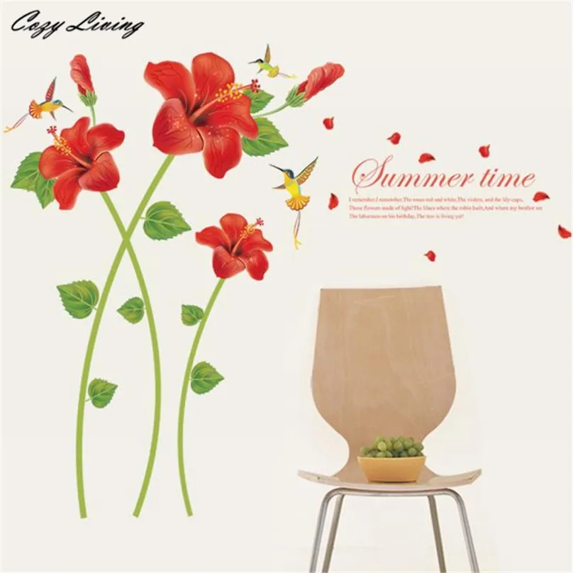 Наклейка на стену в спальню с изображением Красного макового цветка съемная