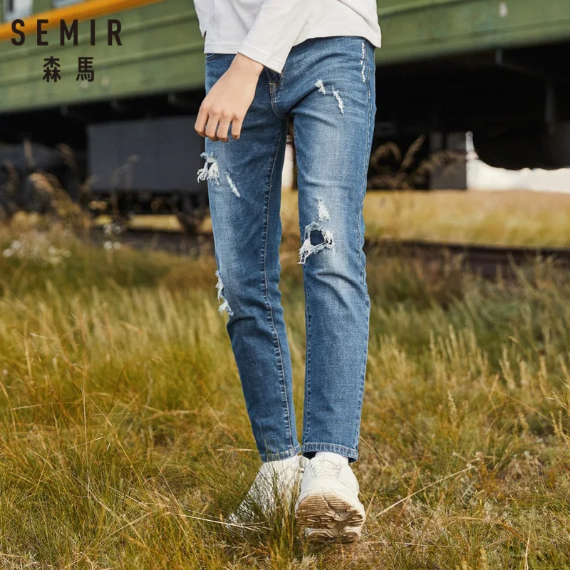 Джинсы SEMIR мужские из потертого денима приталенные Хлопковые Штаны в стиле ретро