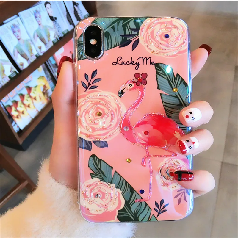 IMIDO Glitter Flamingo Phone case For iPhone 6 7 Plus Leaves Flower Jewelled Epoxy Soft Silicone 8 X back cover |