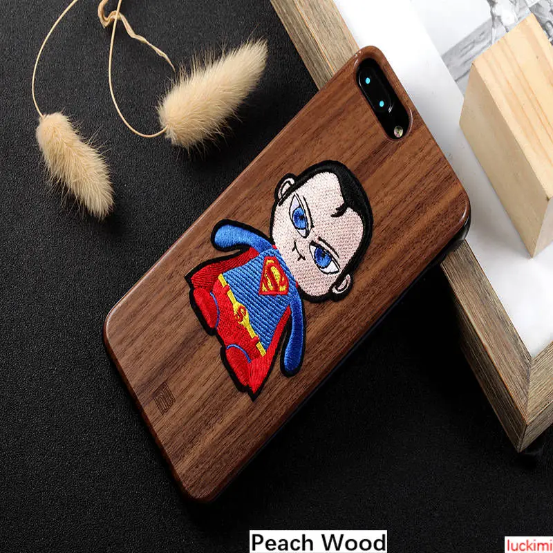 For iphone 6 7 8 6S Plus X Xs Xr Max Superman peach cherry wood Bamboo embroidery Nature Material Phone case cover |