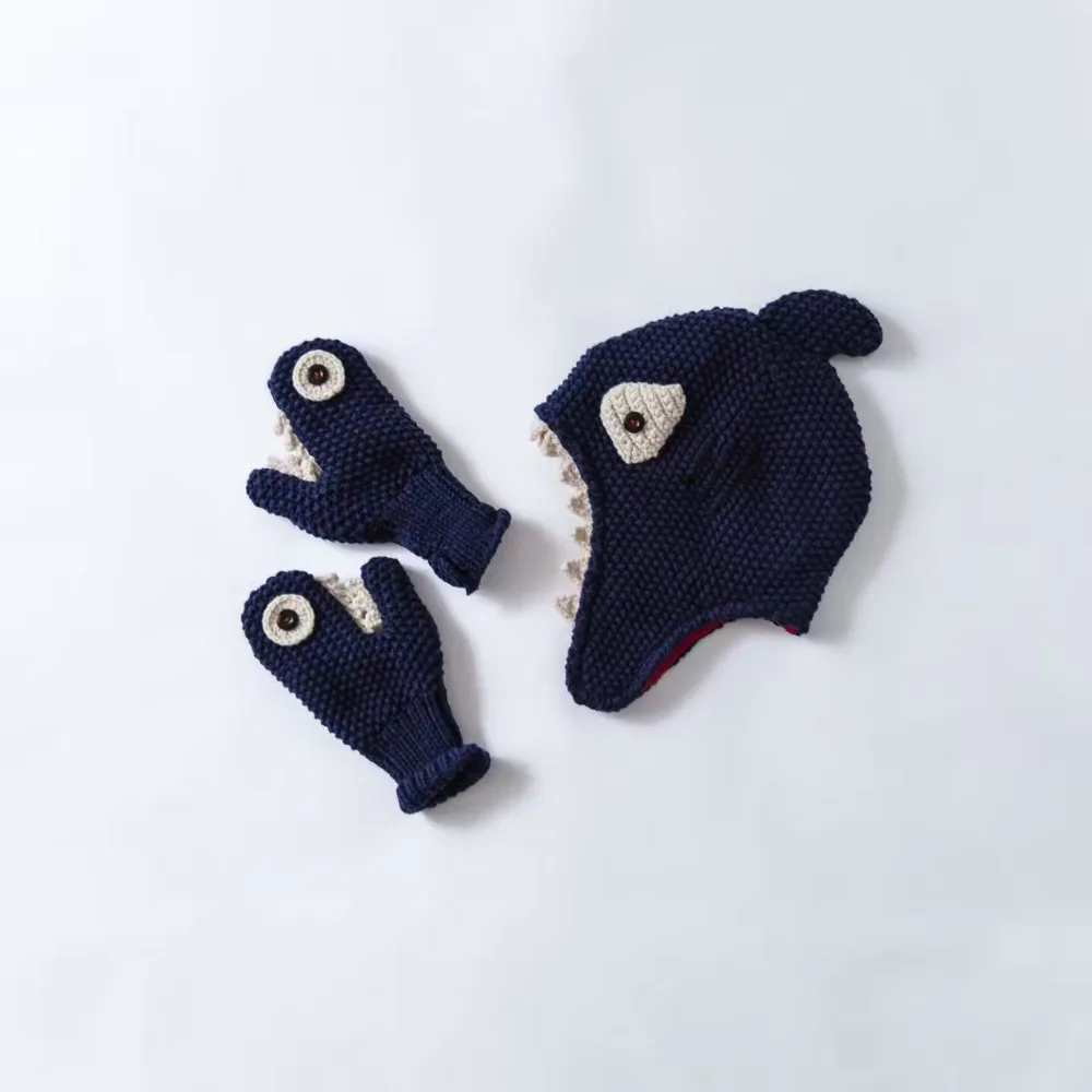 Cute Shark Shape Toddler Hat Cotton Baby +Gloves Set Crochet Beanies Kid Fall Winter Cap Handmade Windproof Earmuff | Аксессуары для