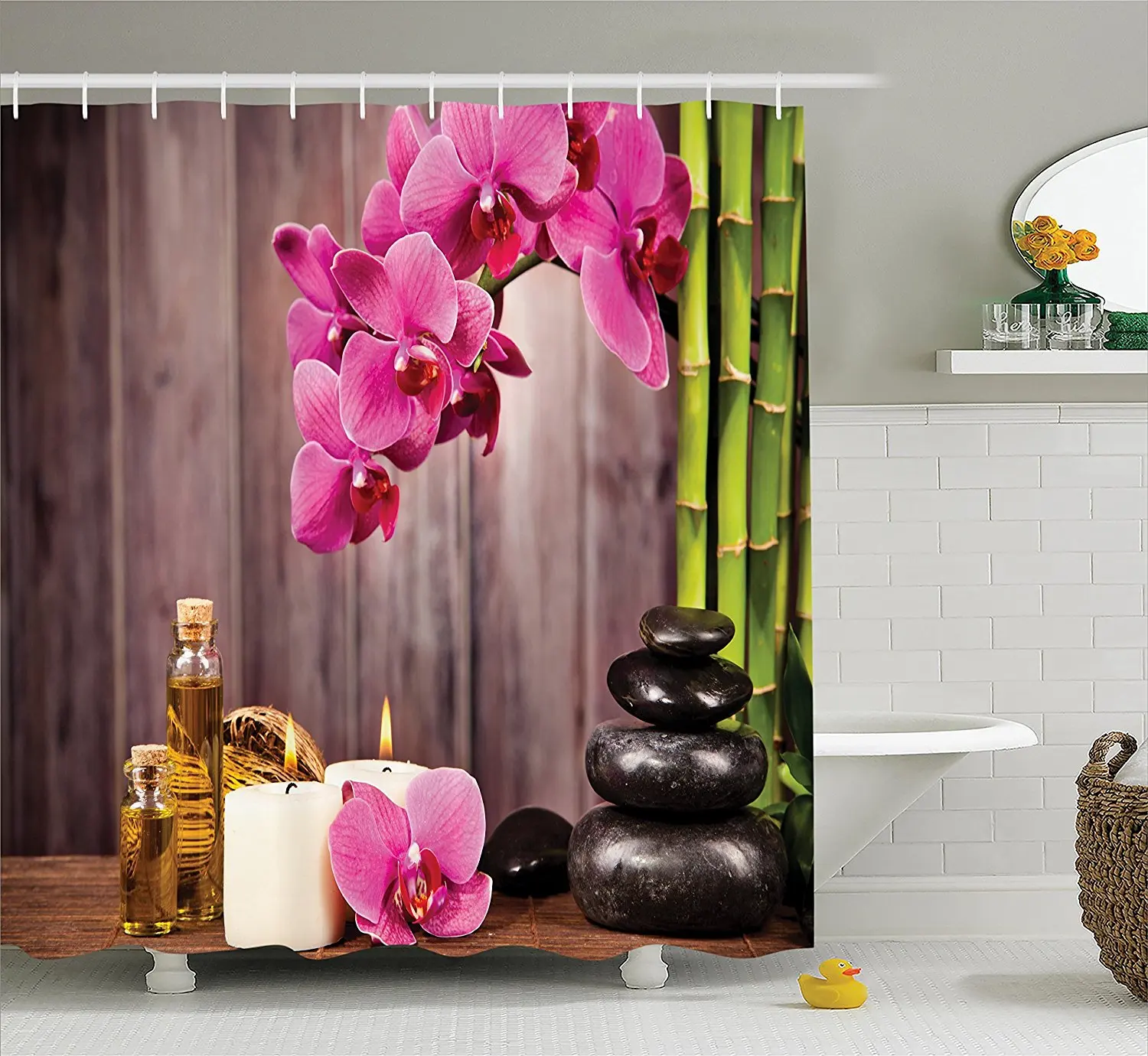 Spa Orchid Flowers Rocks Bamboo Asian Style Aromatherapy Massage Therapy Polyester Fabric Bathroom Shower Curtain | Дом и сад